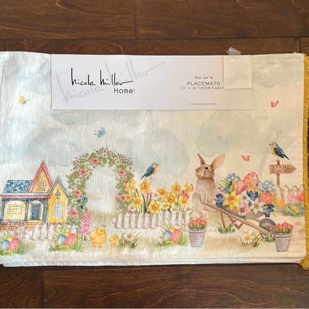 Nicole Miller Spring Easter Eggs Bunny Floral  Butterflies Placemats Set Of 4